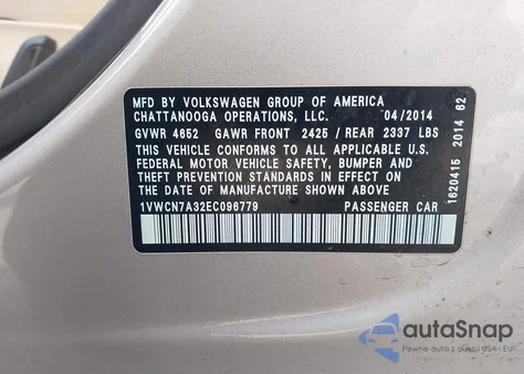 2014 Volkswagen Passat 2.0L Tdi Sel Premium z USA, uszkodzony, nr VIN 1VWCN7A32EC096779